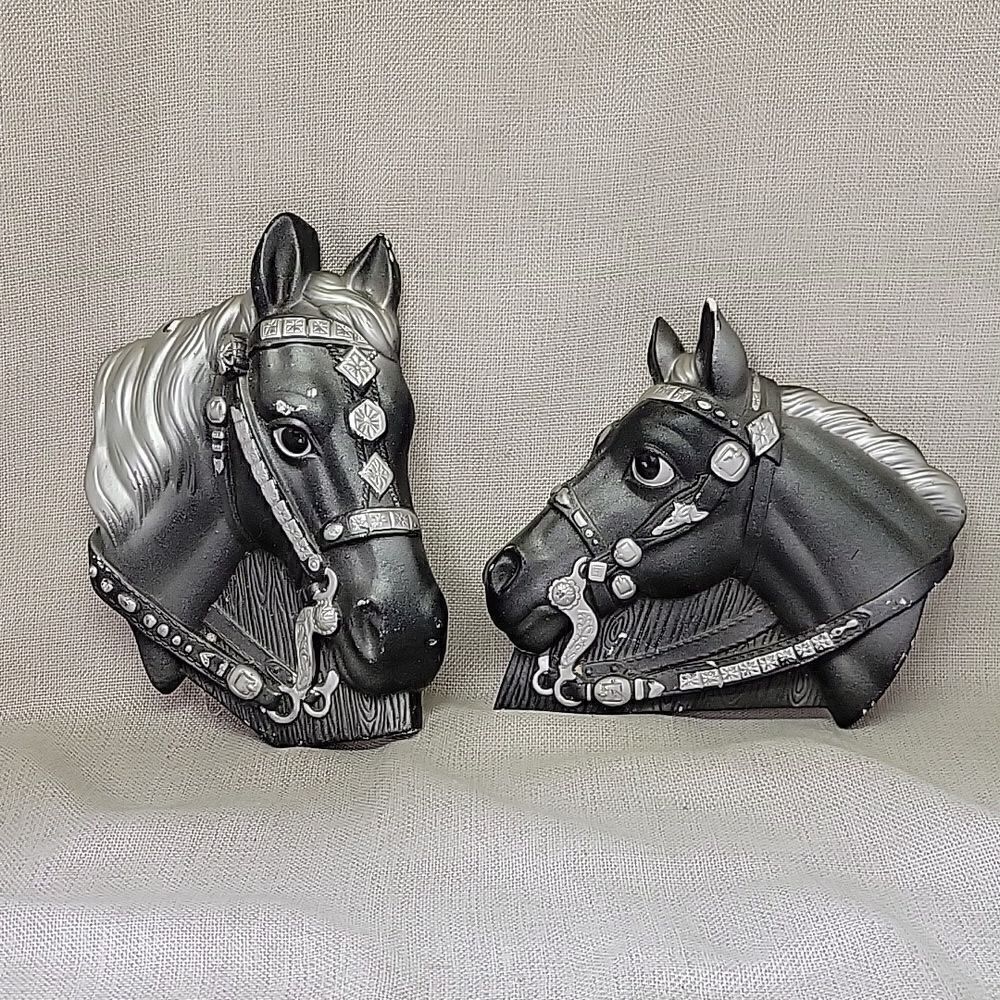 Pair Black Stallion Horse Wall Plaques Chalkware Plaster Miller Studios 1964